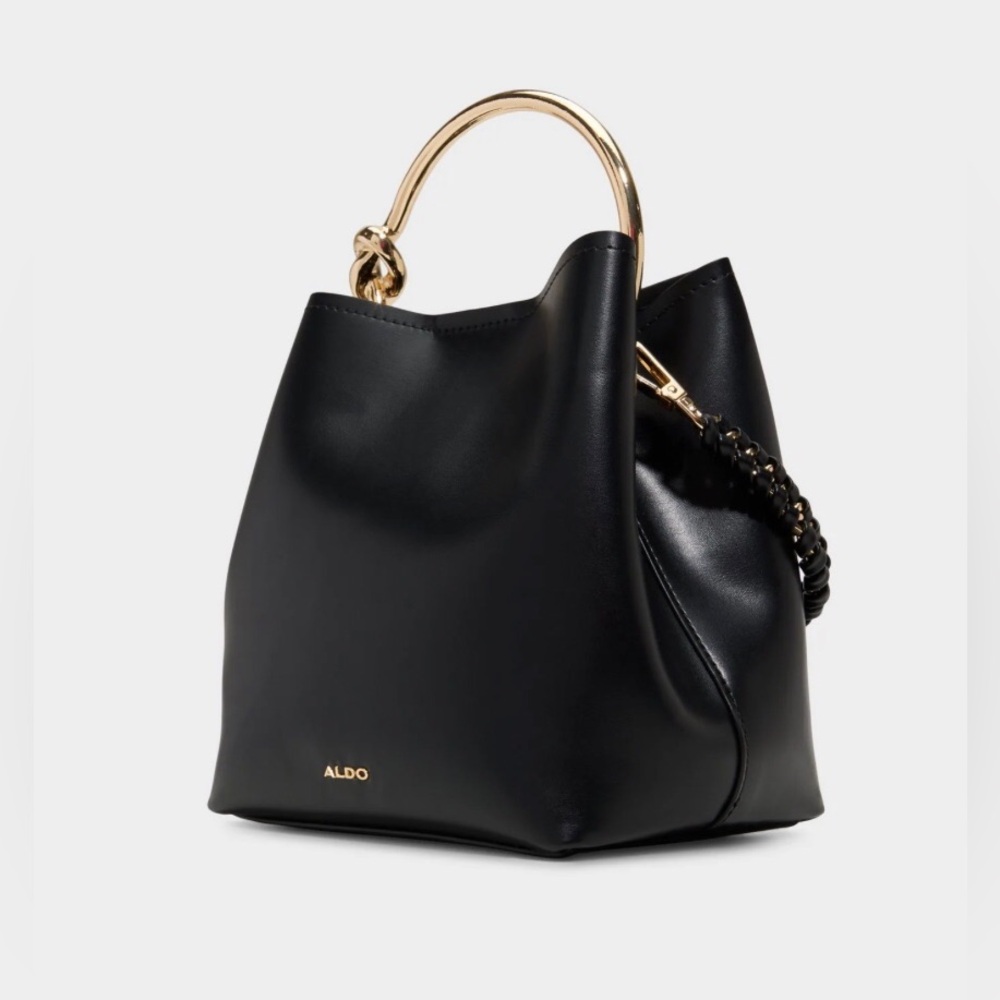 Aldo Bienkaax Black Bucket Bag with Gold Top Handle & Detachable Shoulder Strap